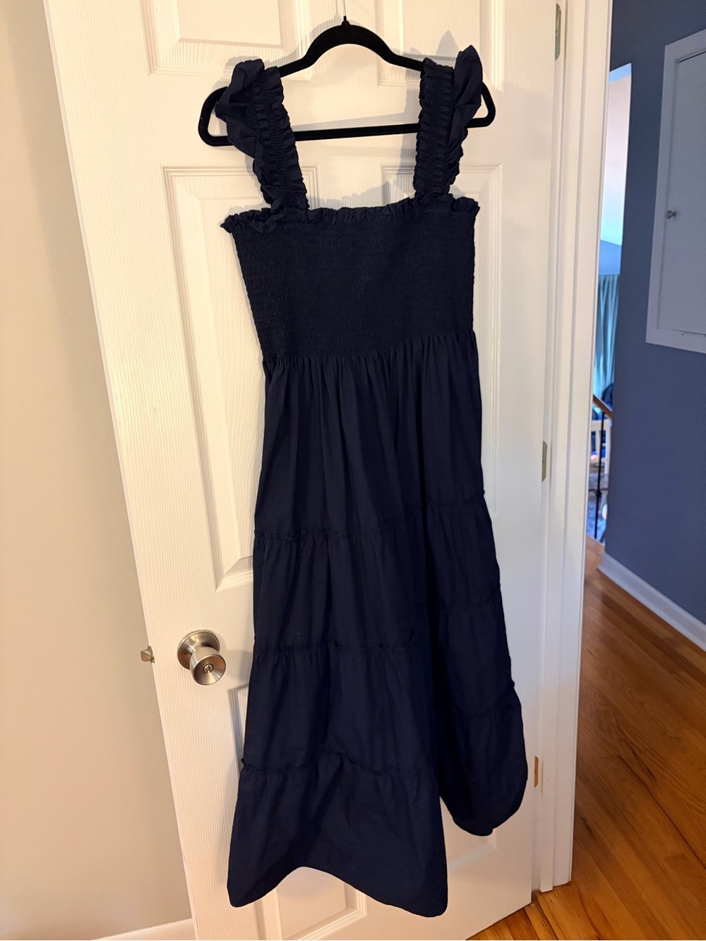 Quince Navy Smocked Tiered Maxi with Ruffle Straps